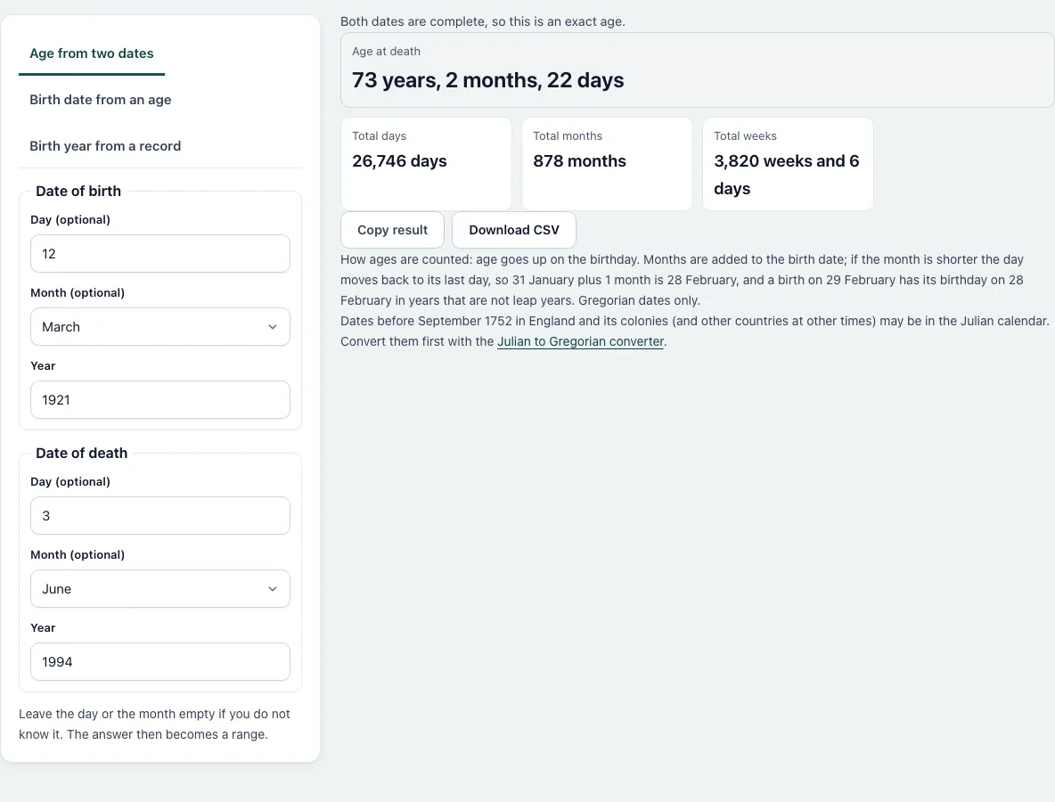 Age at death calculator example