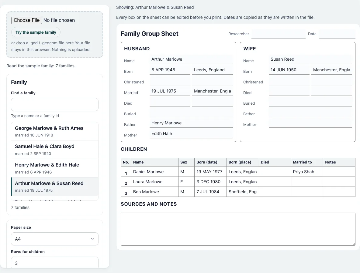 Family group sheet example